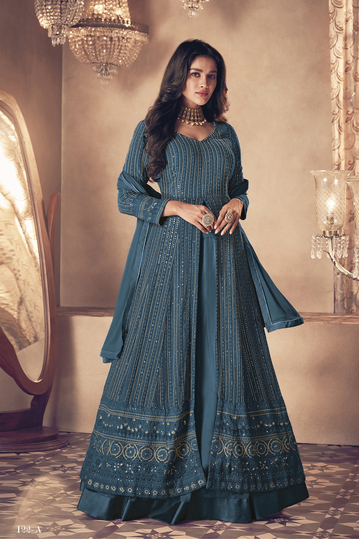 Shafnufab Women's Georgette Semi Stitched Pakistani Salwar Suit ( SF171348 _ Blue _ Free Size)