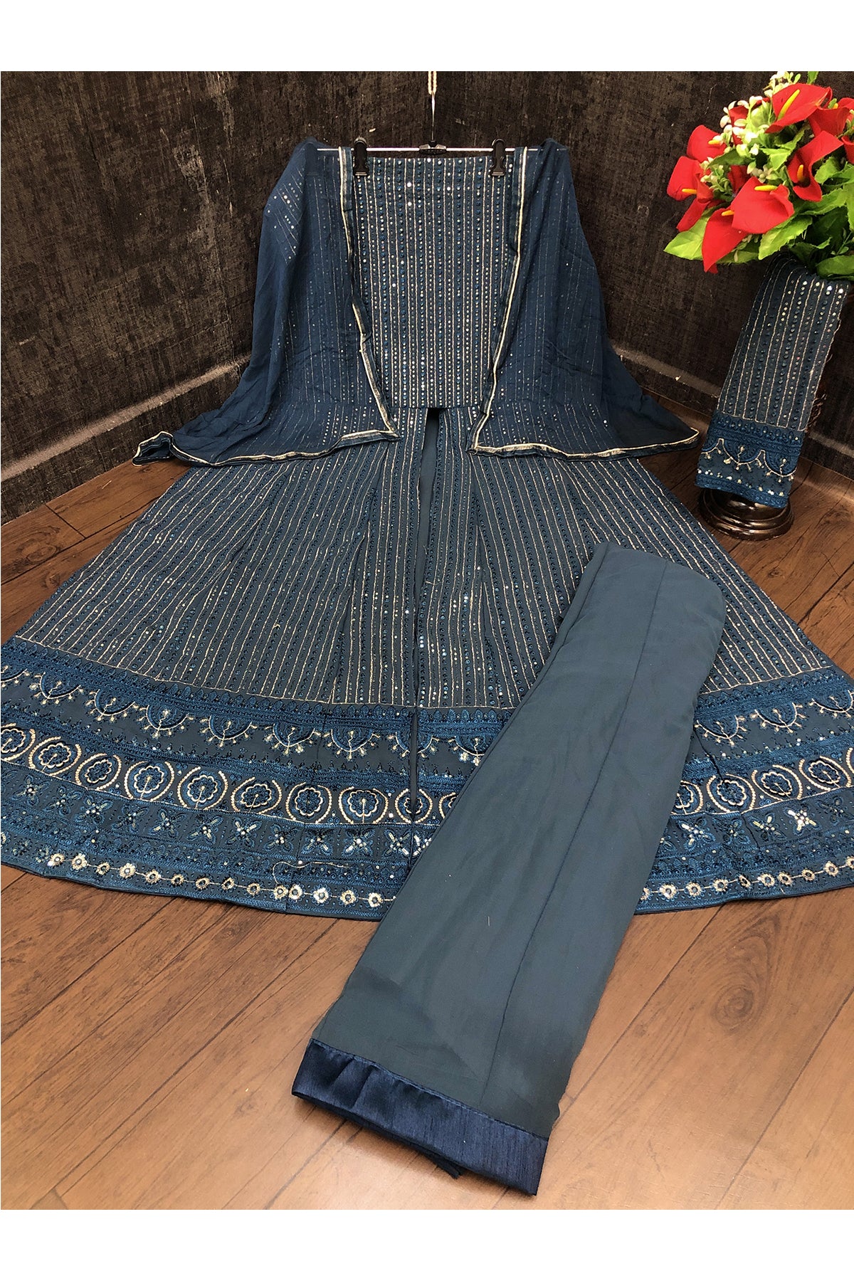 Shafnufab Women's Georgette Semi Stitched Pakistani Salwar Suit ( SF171348 _ Blue _ Free Size)
