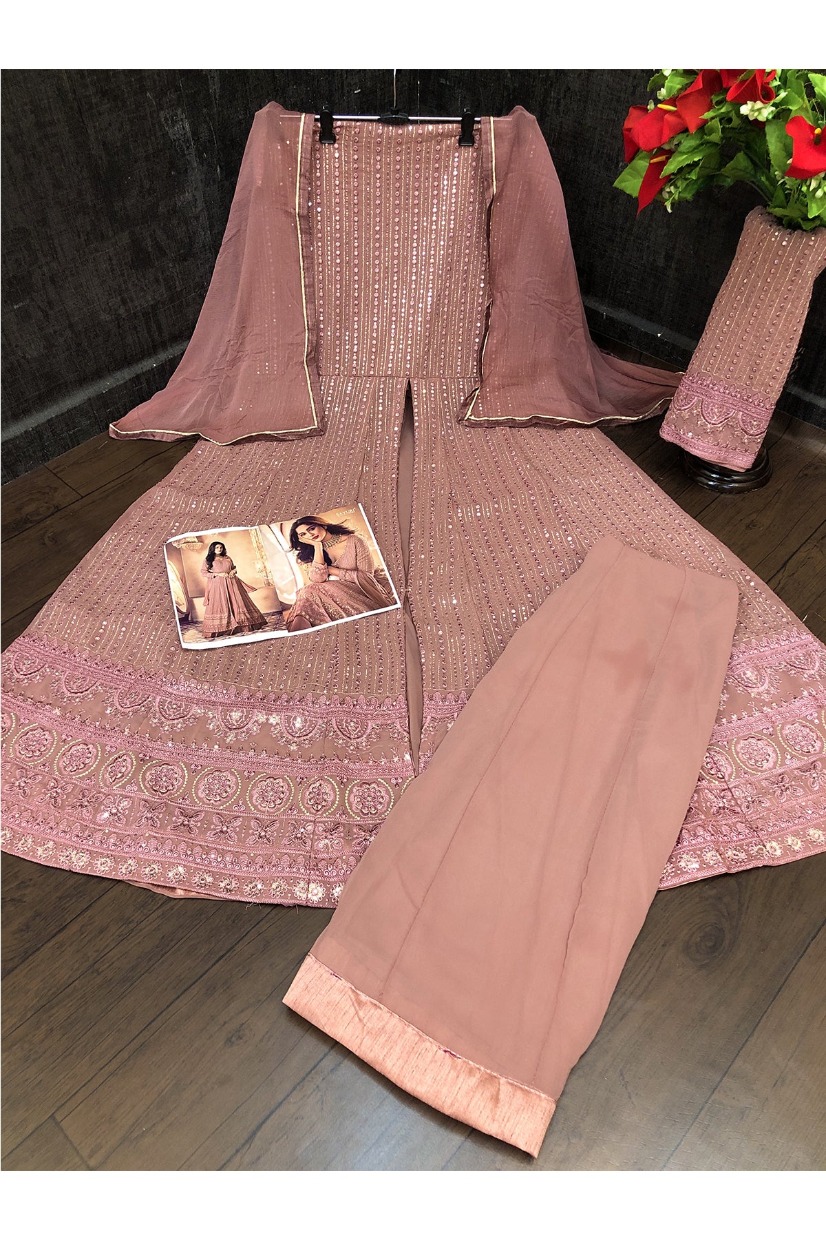 Shafnufab Women's Georgette Semi Stitched Pakistani Salwar Suit ( SF171351 _ Pink _ Free Size)