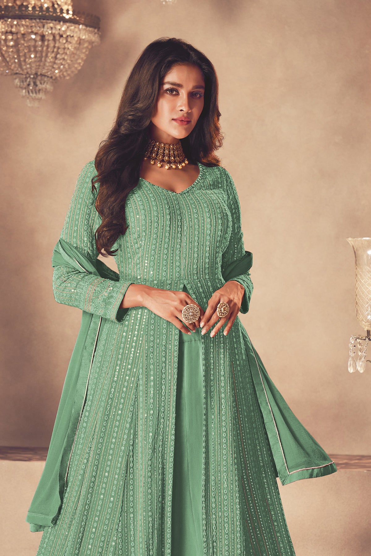 Shafnufab Women's Georgette Semi Stitched Pakistani Salwar Suit ( SF171352 _ Green _ Free Size)