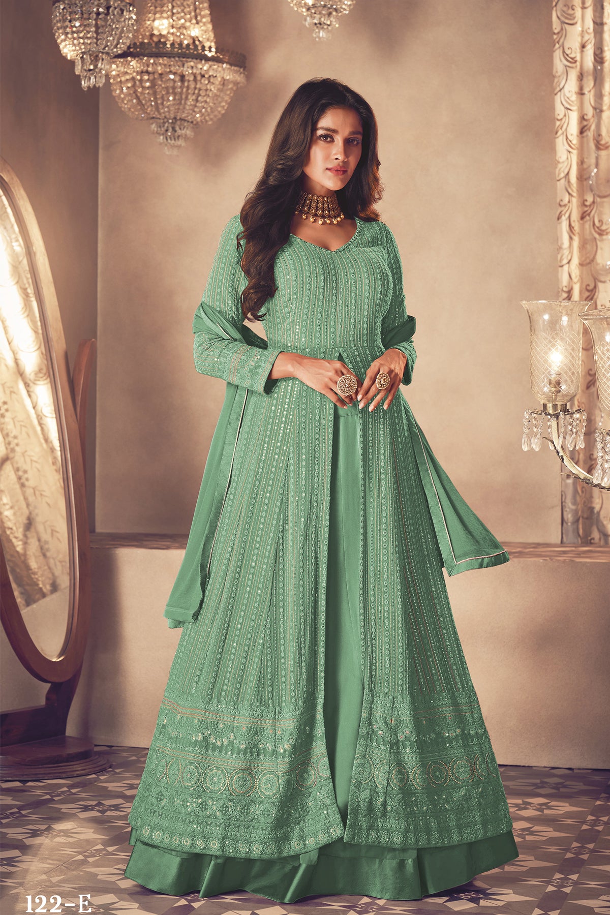 Shafnufab Women's Georgette Semi Stitched Pakistani Salwar Suit ( SF171352 _ Green _ Free Size)