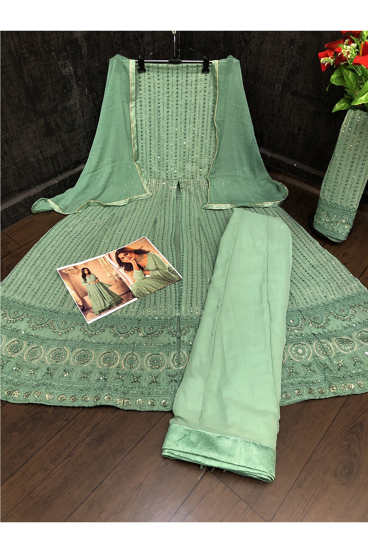 Shafnufab Women's Georgette Semi Stitched Pakistani Salwar Suit ( SF171352 _ Green _ Free Size)