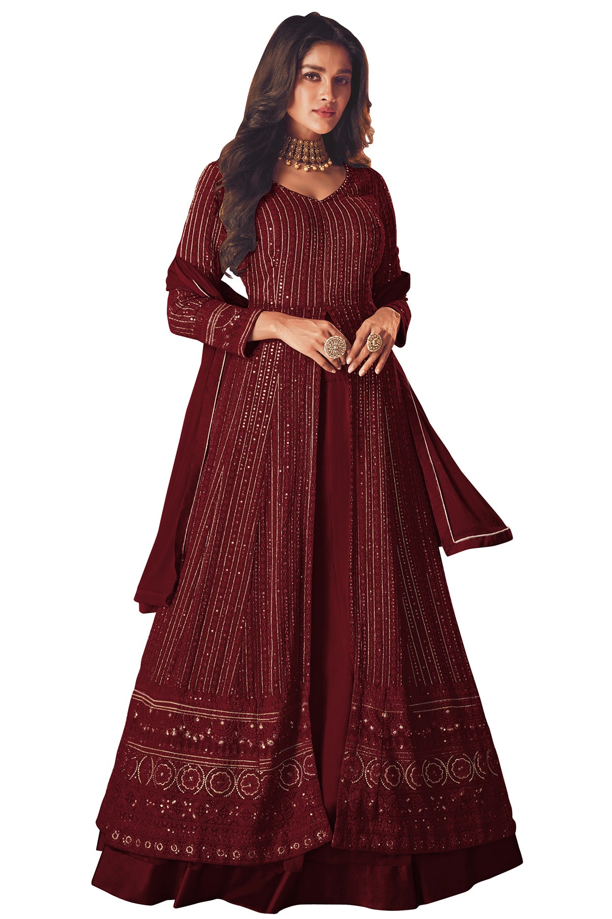 Shafnufab Women's Georgette Semi Stitched Pakistani Salwar Suit ( SF171367 _ Maroon _ Free Size)