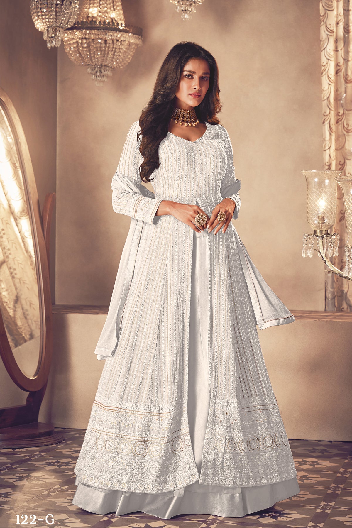 Shafnufab Women's Georgette Semi Stitched Pakistani Salwar Suit ( SF171368 _ White _ Free Size)