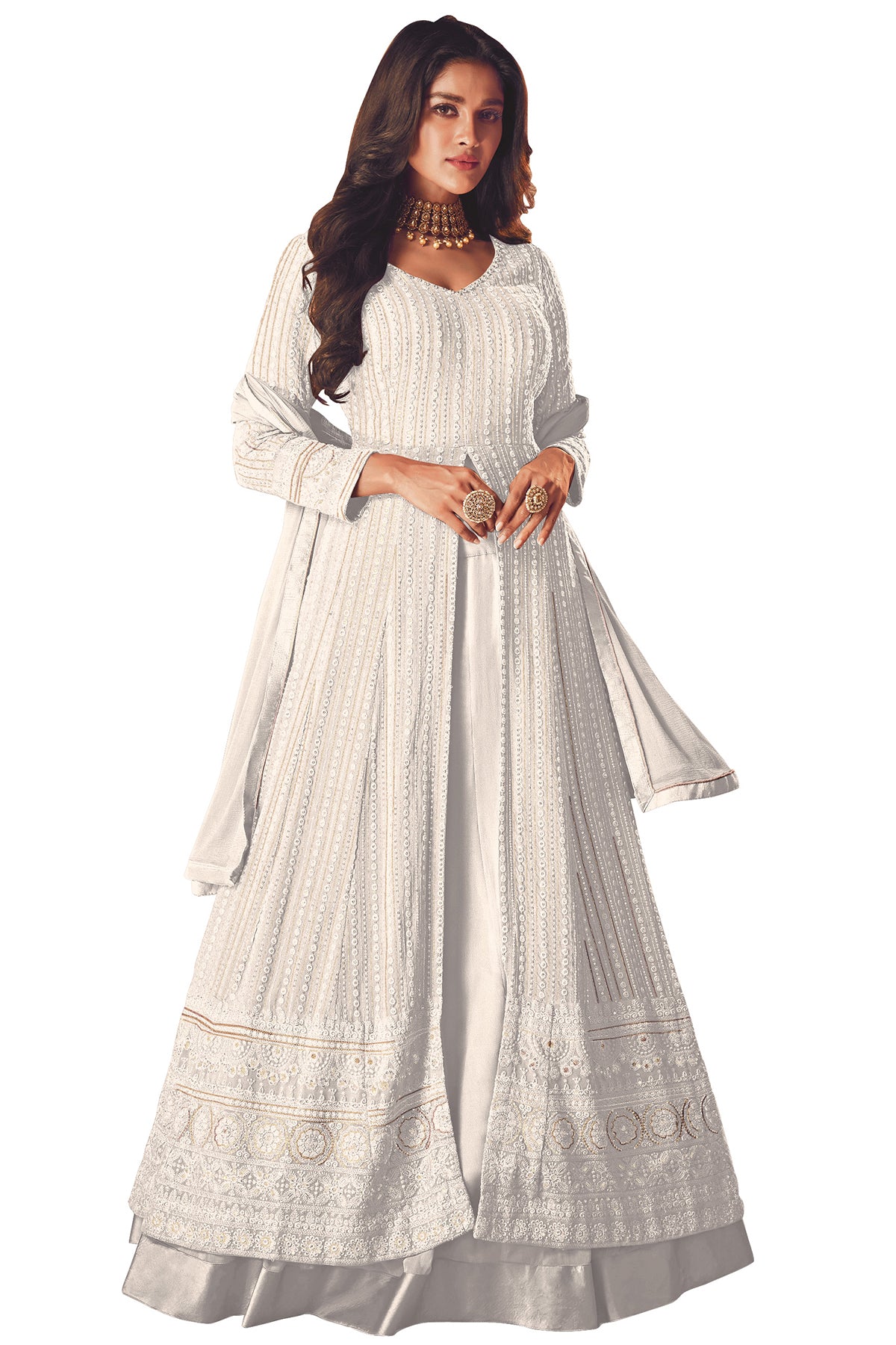 Shafnufab Women's Georgette Semi Stitched Pakistani Salwar Suit ( SF171368 _ White _ Free Size)