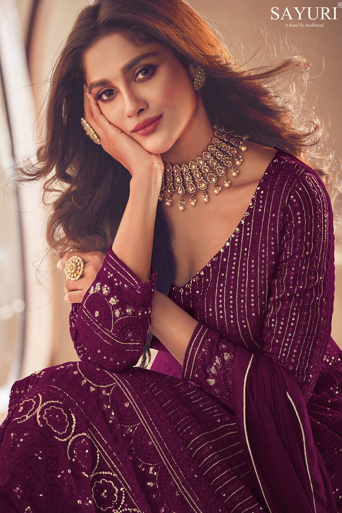 Shafnufab Women's Georgette Semi Stitched Pakistani Salwar Suit ( SF171369 _ Purple _ Free Size)