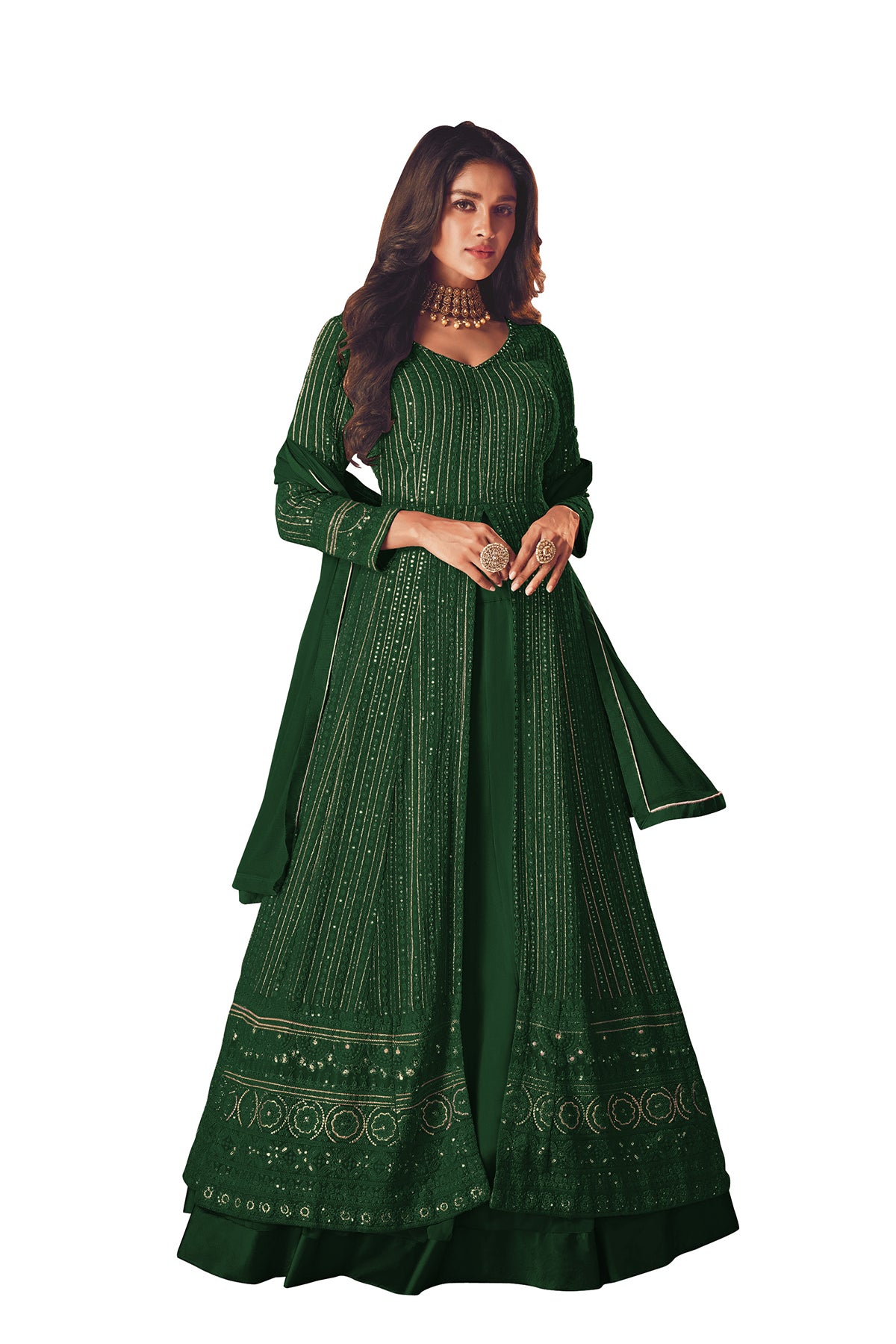 Shafnufab Women's Georgette Semi Stitched Pakistani Salwar Suit ( SF171371 _ Dark Green _ Free Size)