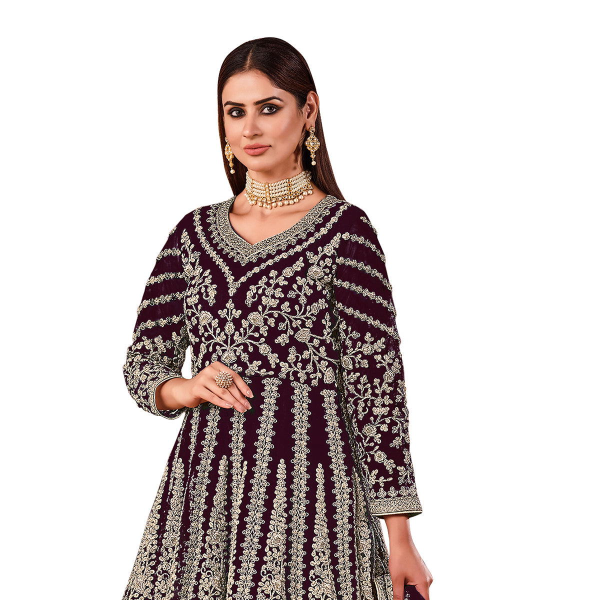 Shafnufab Women's Net Semi-Stitched Pakistani Suit For Wedding ( SF171612 _ Brown _ Free Size)