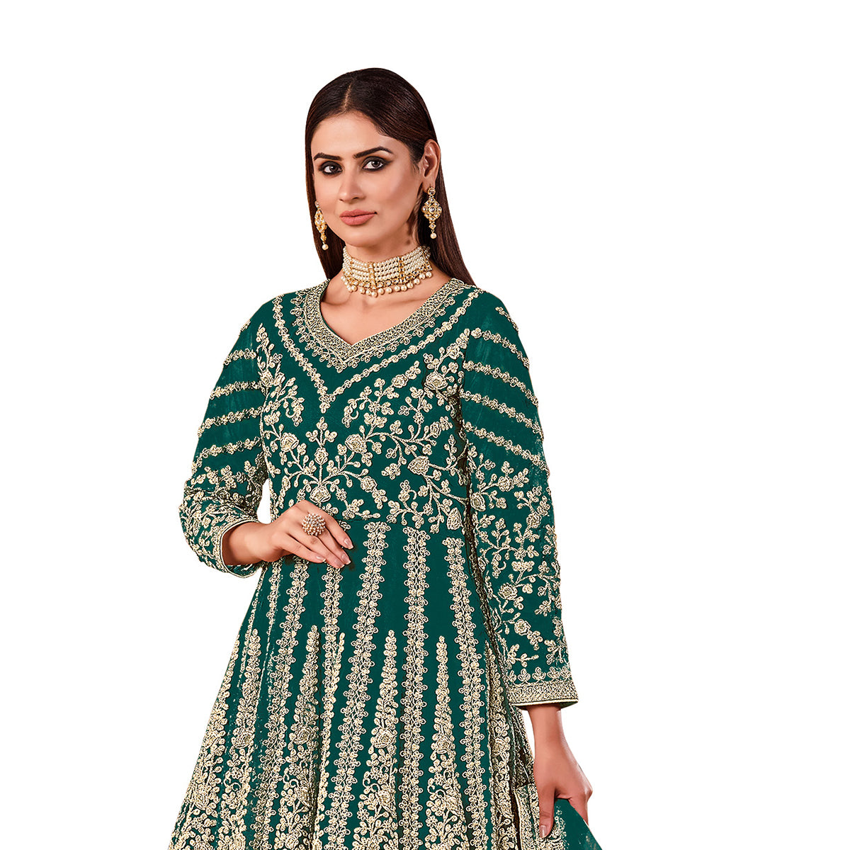 Shafnufab Women's Net Semi-Stitched Pakistani Suit For Wedding ( SF171613 _ Green _ Free Size)