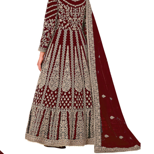 Shafnufab Women's Net Semi-Stitched Pakistani Suit For Wedding ( SF171614 _ Maroon _ Free Size)