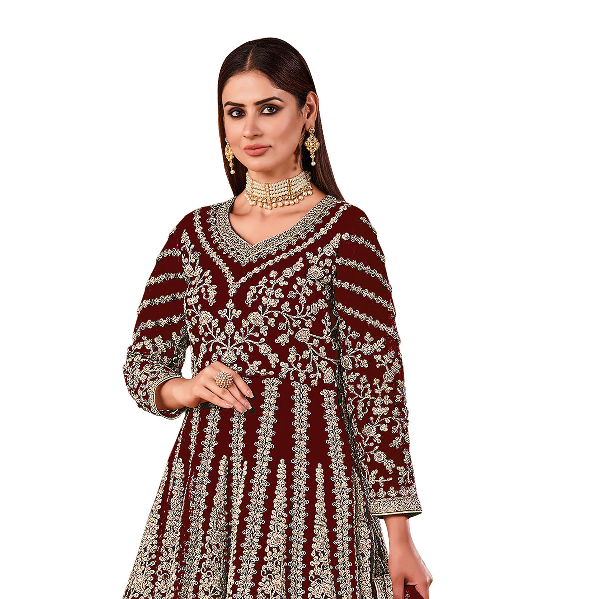 Shafnufab Women's Net Semi-Stitched Pakistani Suit For Wedding ( SF171614 _ Maroon _ Free Size)