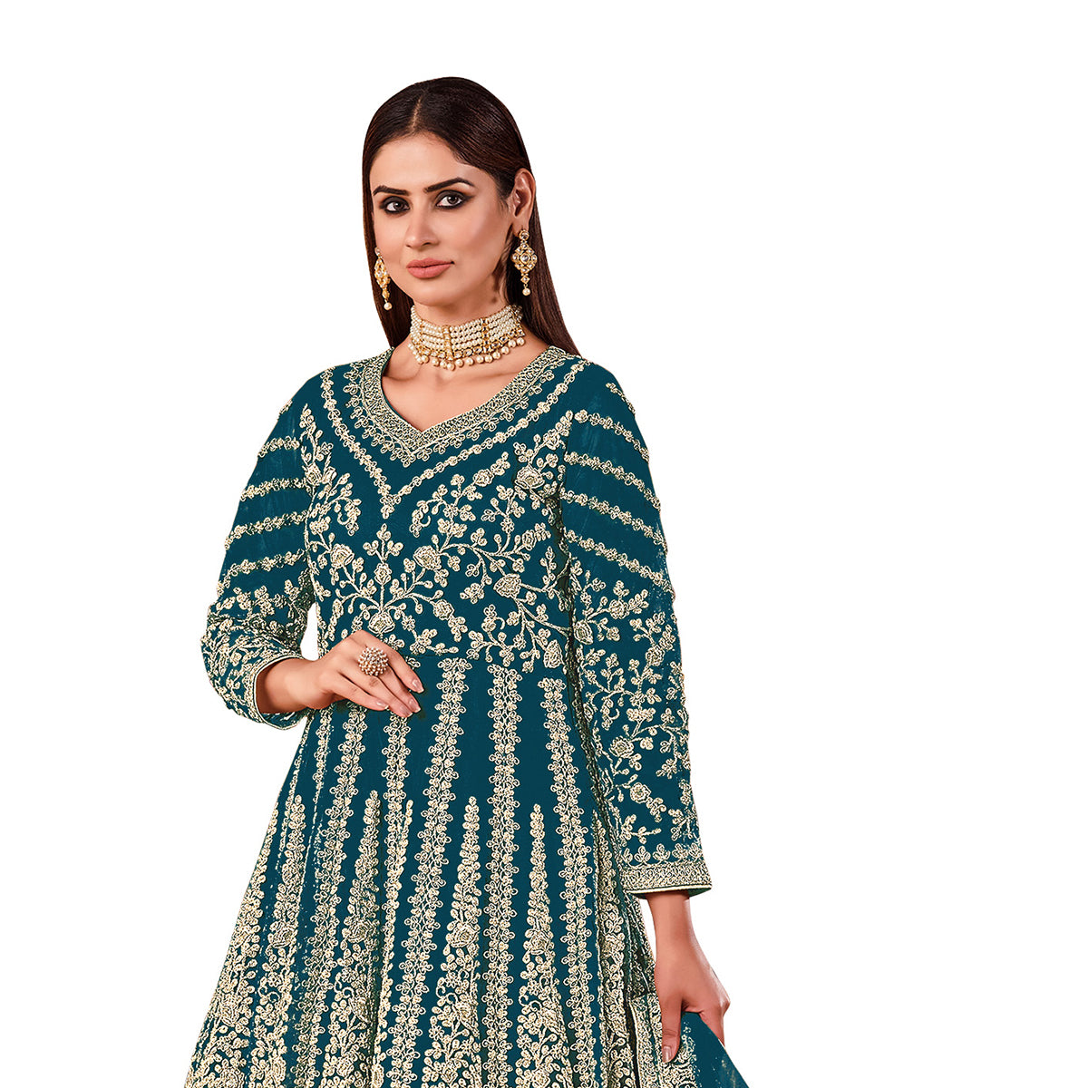 Shafnufab Women's Net Semi-Stitched Pakistani Suit For Wedding ( SF171615 _ Tourquise _ Free Size)