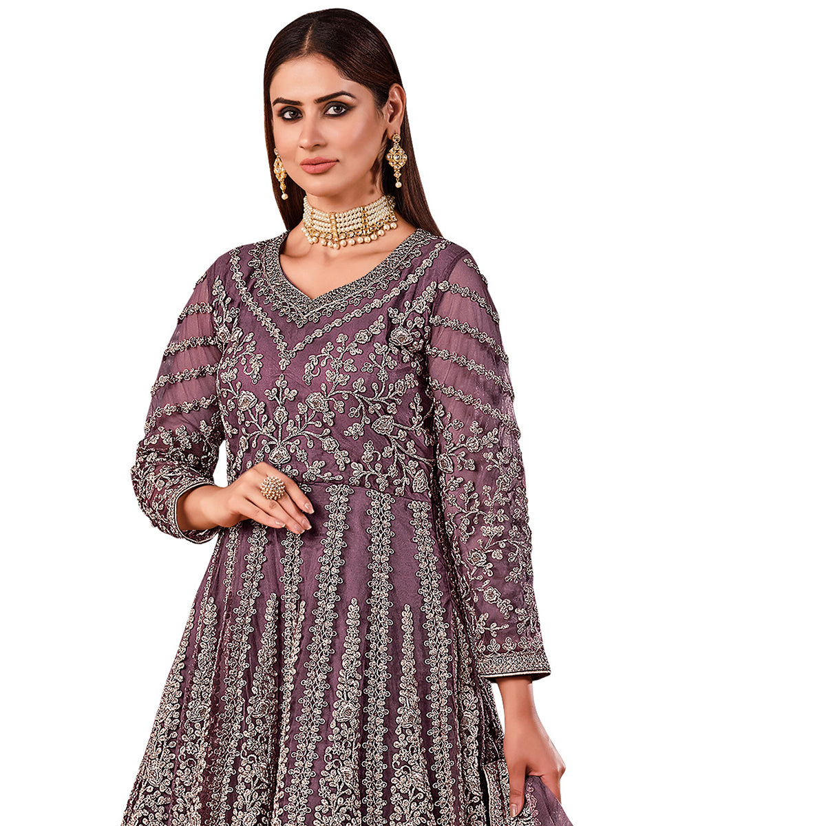 Shafnufab Women's Net Semi-Stitched Pakistani Suit For Wedding ( SF171616 _ Purple _ Free Size)