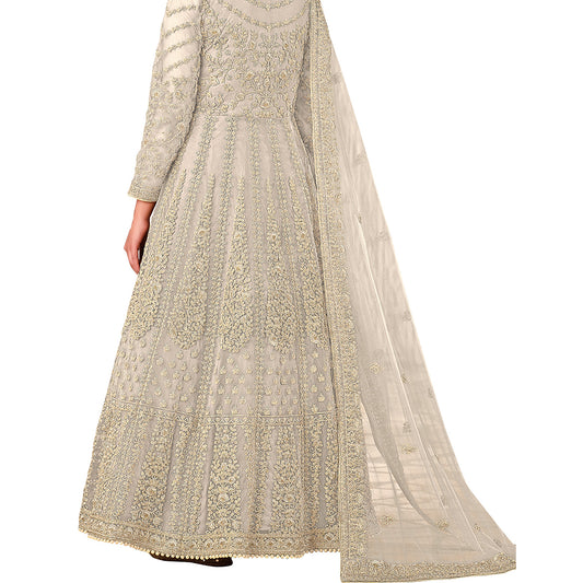 Shafnufab Women's Net Semi-Stitched Pakistani Suit For Wedding ( SF171617 _ White _ Free Size)