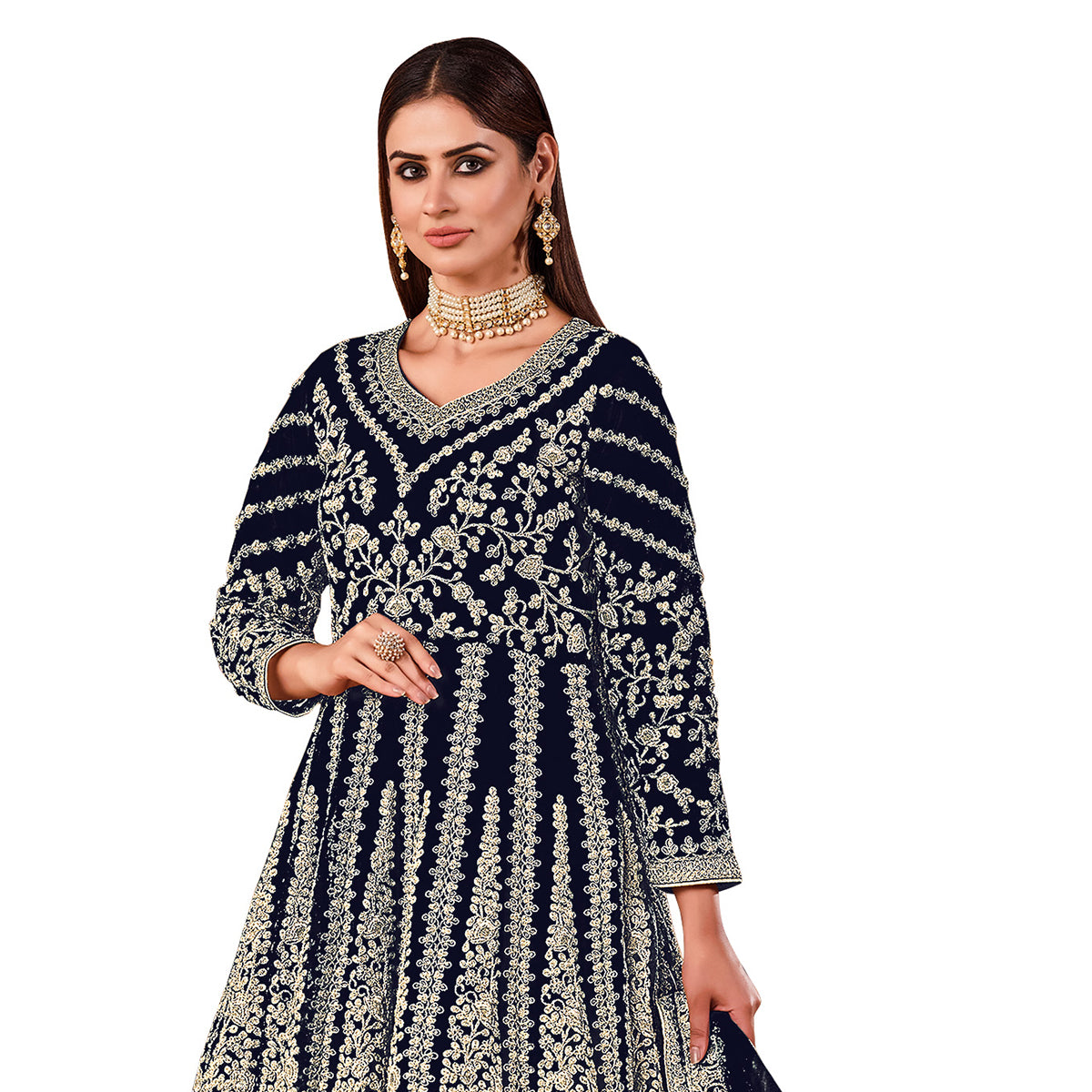 Shafnufab Women's Net Semi-Stitched Pakistani Suit For Wedding ( SF171618 _ Blue _ Free Size)