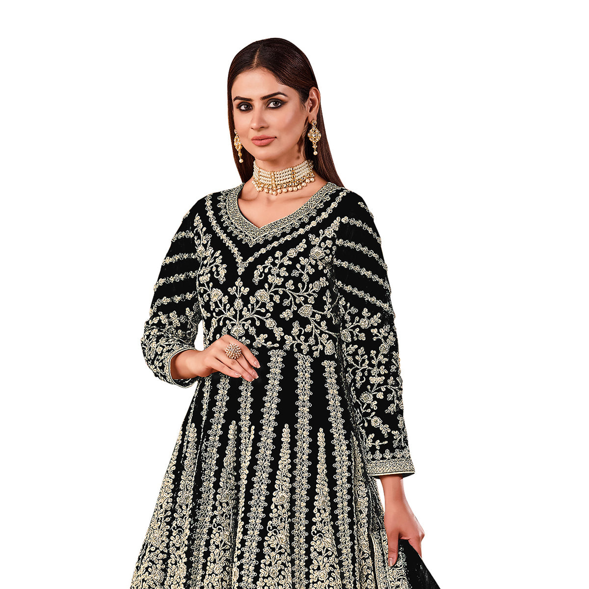 Shafnufab Women's Net Semi-Stitched Pakistani Suit For Wedding ( SF171619 _ Black _ Free Size)