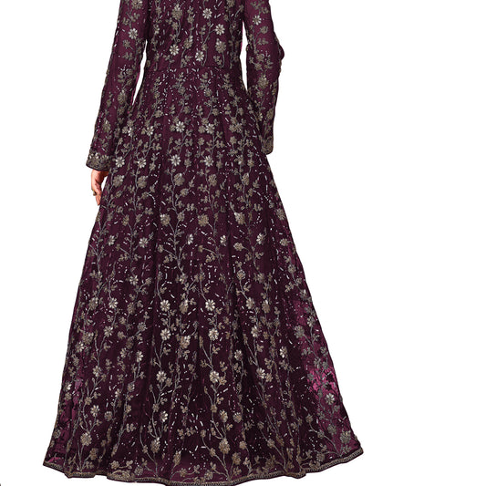 Shafnufab Women's Net Semi-Stitched Pakistani Suit For Wedding ( SF171646 _ Purple _ Free Size)