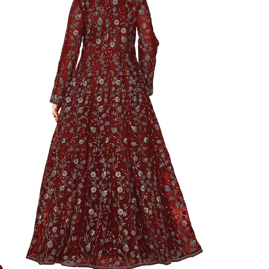 Shafnufab Women's Net Semi-Stitched Pakistani Suit For Wedding ( SF171647 _ Maroon _ Free Size)
