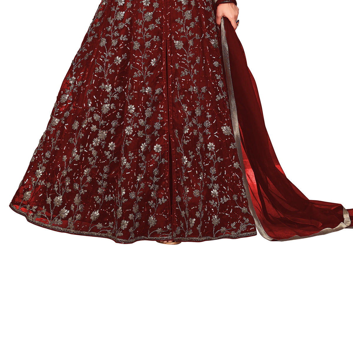 Shafnufab Women's Net Semi-Stitched Pakistani Suit For Wedding ( SF171647 _ Maroon _ Free Size)