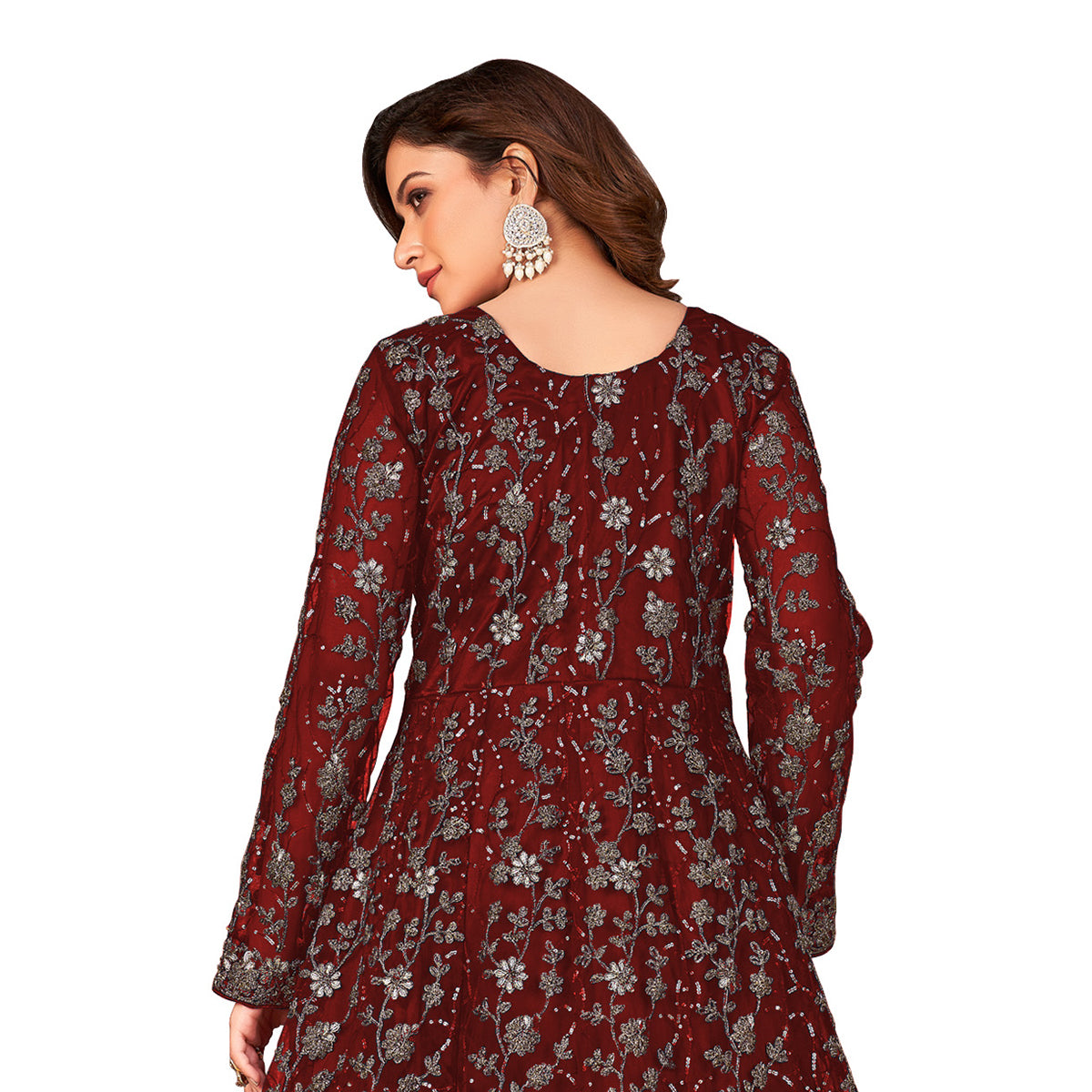 Shafnufab Women's Net Semi-Stitched Pakistani Suit For Wedding ( SF171647 _ Maroon _ Free Size)