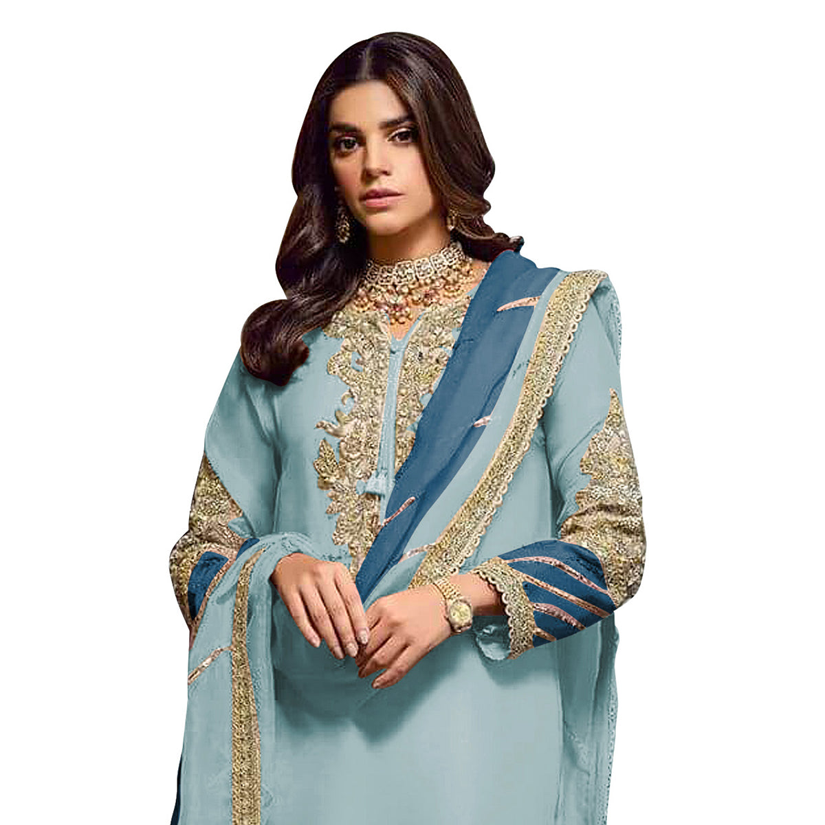 Shafnufab Women's Georgette Semi Stitched Lehenga Choli In Light Blue Colour SF171743