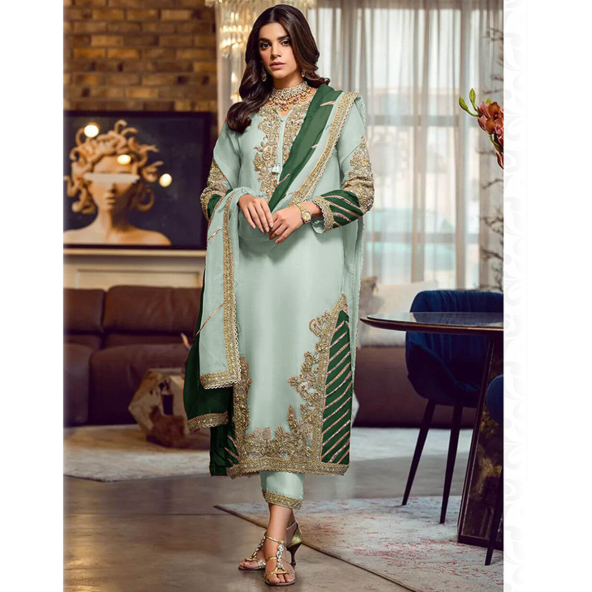 Shafnufab Women's Georgette Semi Stitched Lehenga Choli In Light Green Colour SF171745