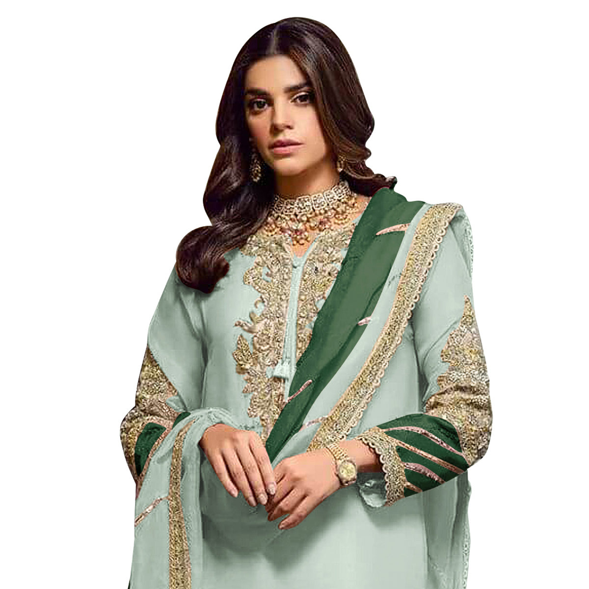 Shafnufab Women's Georgette Semi Stitched Lehenga Choli In Light Green Colour SF171745
