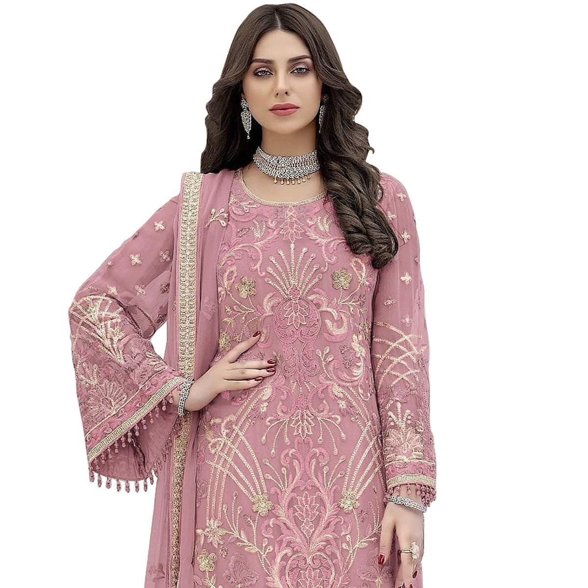 Shafnufab Women's Georgette Semi Stitched Salwar Suit In Pink Colour SF171816