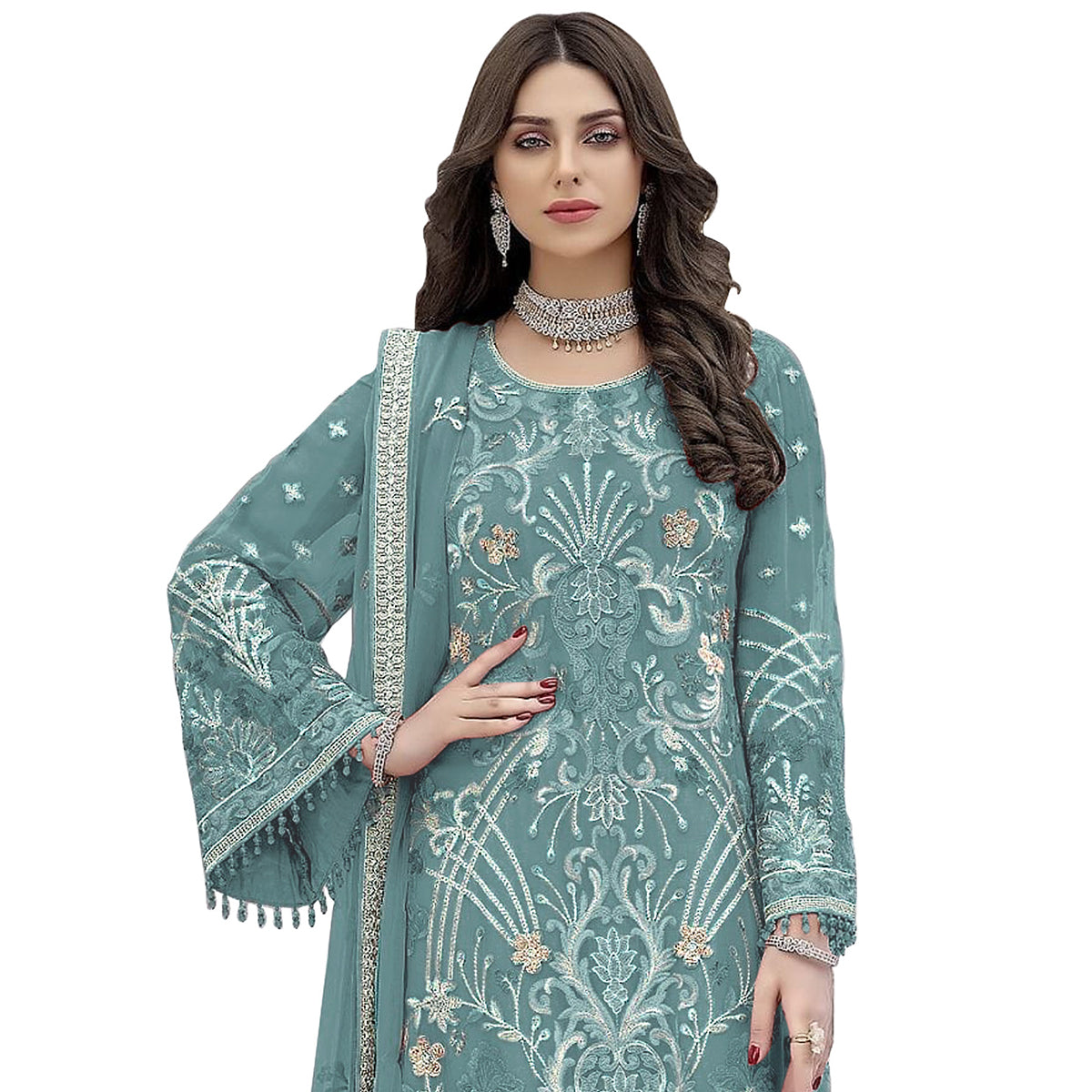 Shafnufab Women's Georgette Semi Stitched Salwar Suit In Sky Blue Colour SF171817