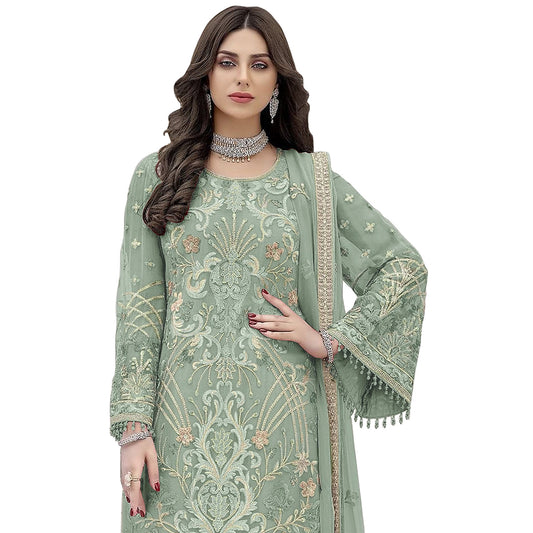 Shafnufab Women's Georgette Semi Stitched Salwar Suit In Green Colour SF171818