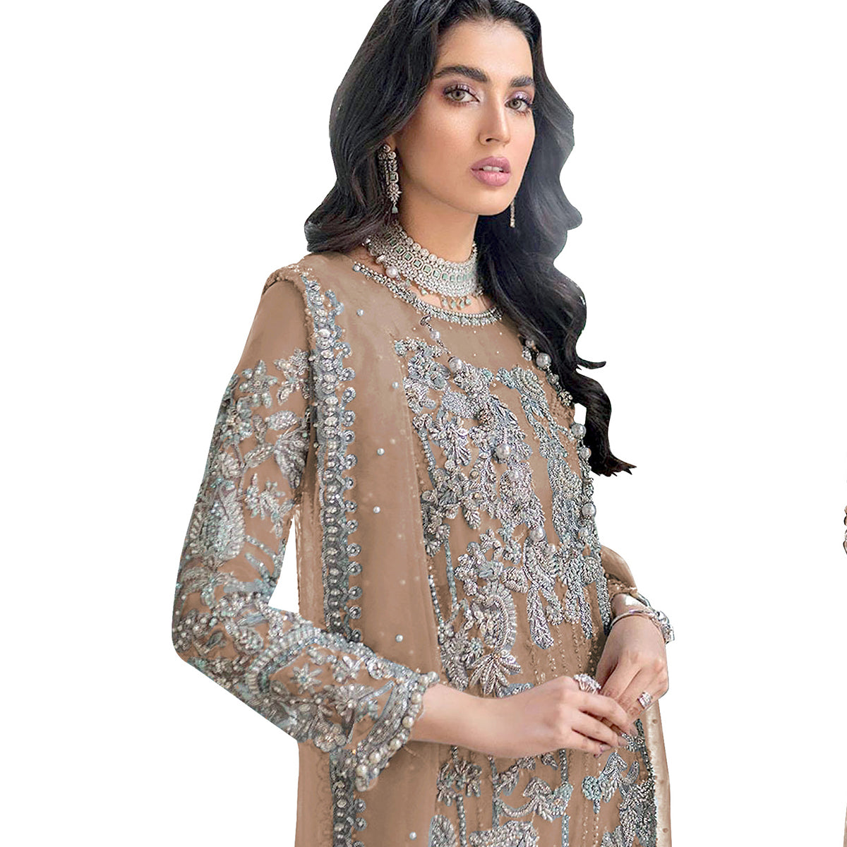Shafnufab Women's Orgenza Semi Stitched Salwar Suit In Beige Colour SF171823