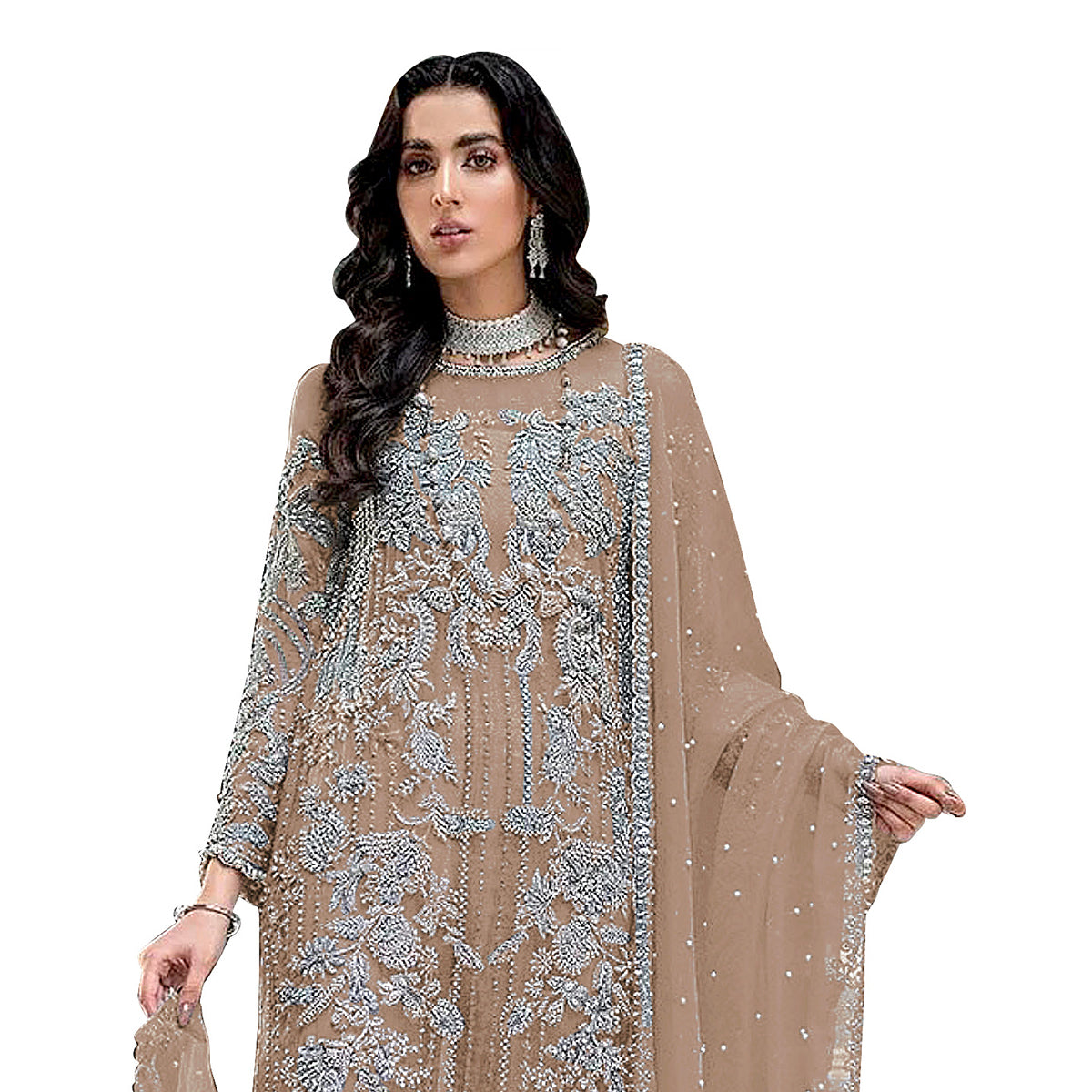 Shafnufab Women's Orgenza Semi Stitched Salwar Suit In Beige Colour SF171823