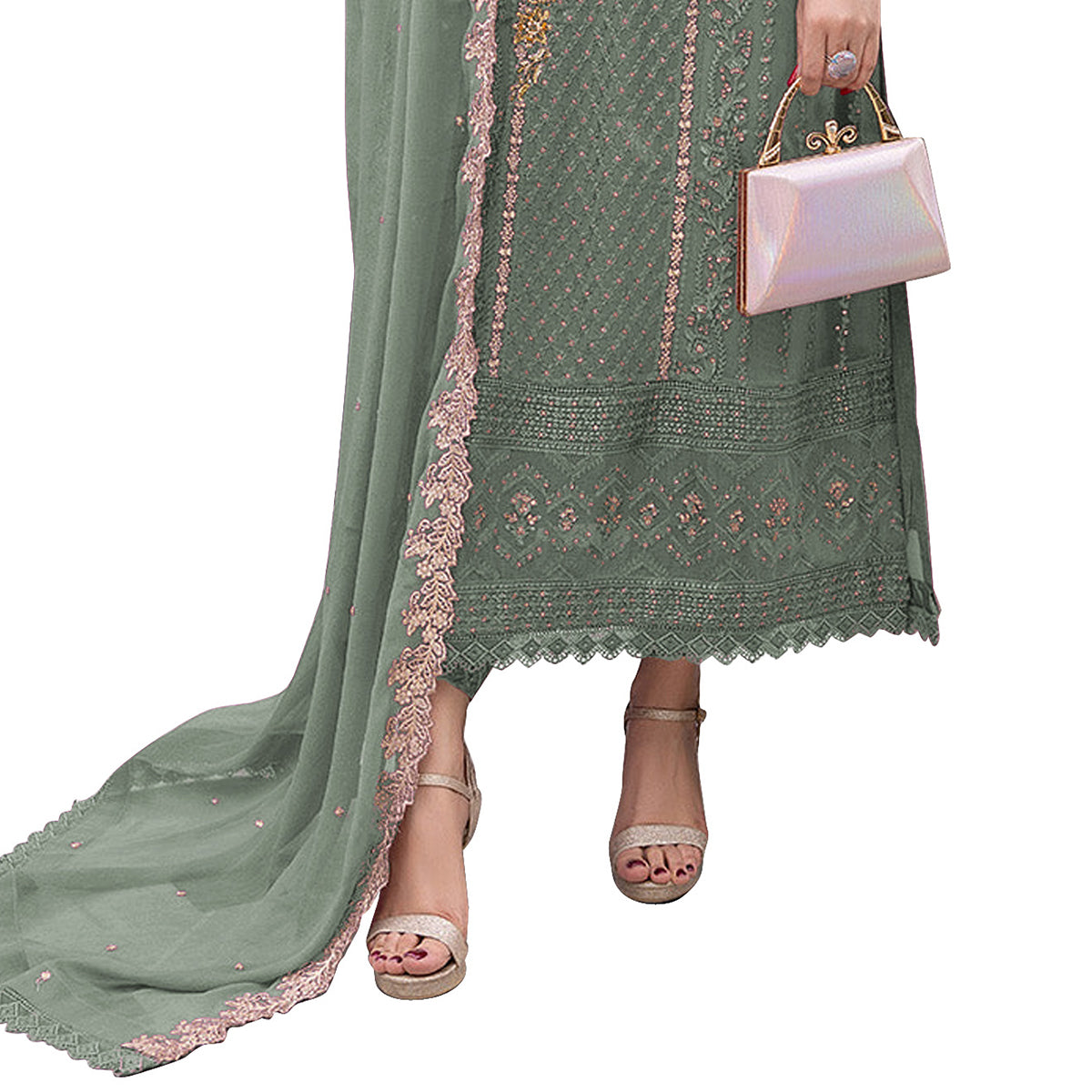 Shafnufab Women's Georgette Semi-Stiched Pakistani Suit (SF171846 Green Free Size )