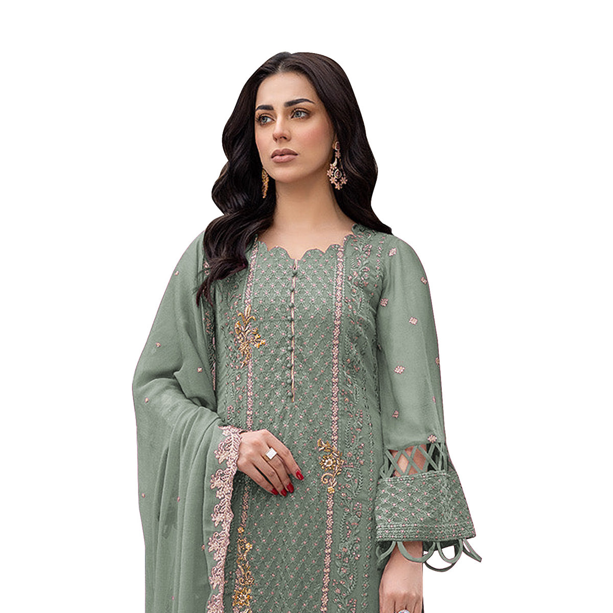 Shafnufab Women's Georgette Semi-Stiched Pakistani Suit (SF171846 Green Free Size )
