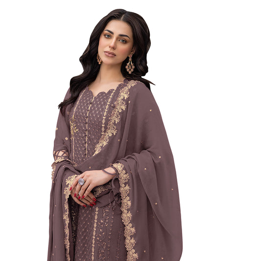 Shafnufab Women's Georgette Semi-Stiched Pakistani Suit (SF171847 Brown Free Size )