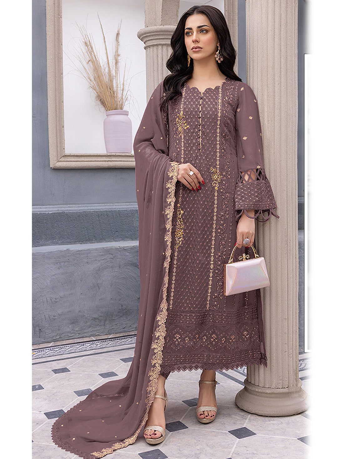 Shafnufab Women's Georgette Semi-Stiched Pakistani Suit (SF171847 Brown Free Size )