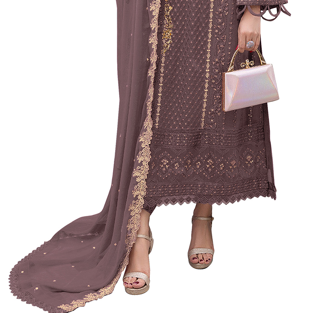 Shafnufab Women's Georgette Semi-Stiched Pakistani Suit (SF171847 Brown Free Size )