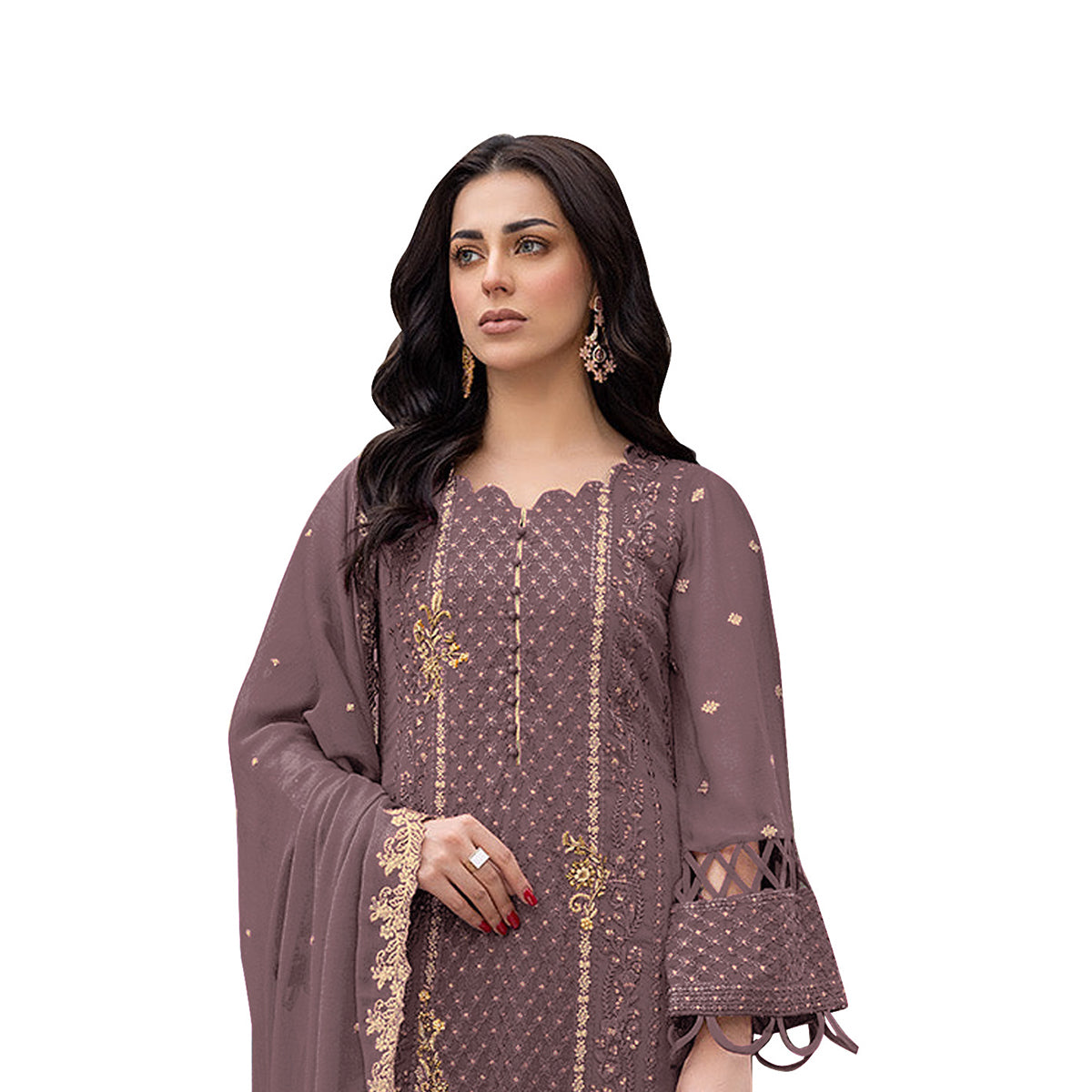 Shafnufab Women's Georgette Semi-Stiched Pakistani Suit (SF171847 Brown Free Size )