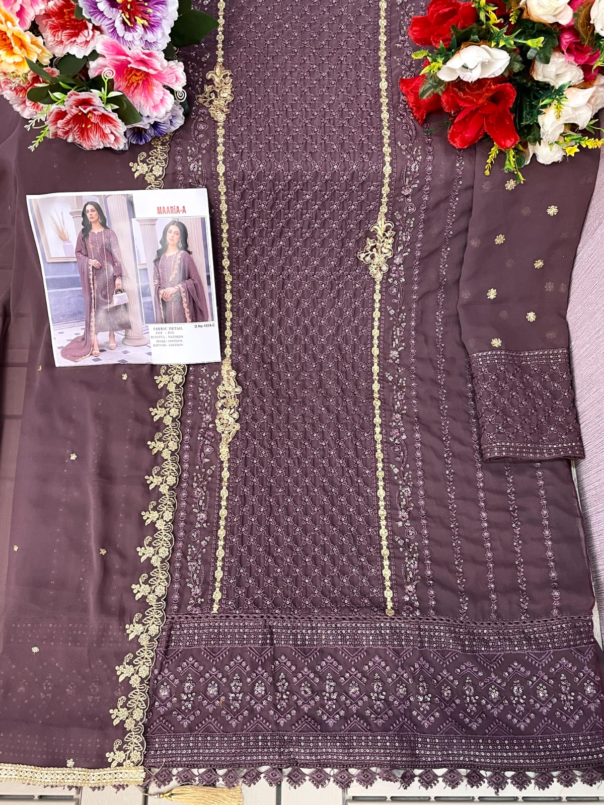 Shafnufab Women's Georgette Semi-Stiched Pakistani Suit (SF171847 Brown Free Size )