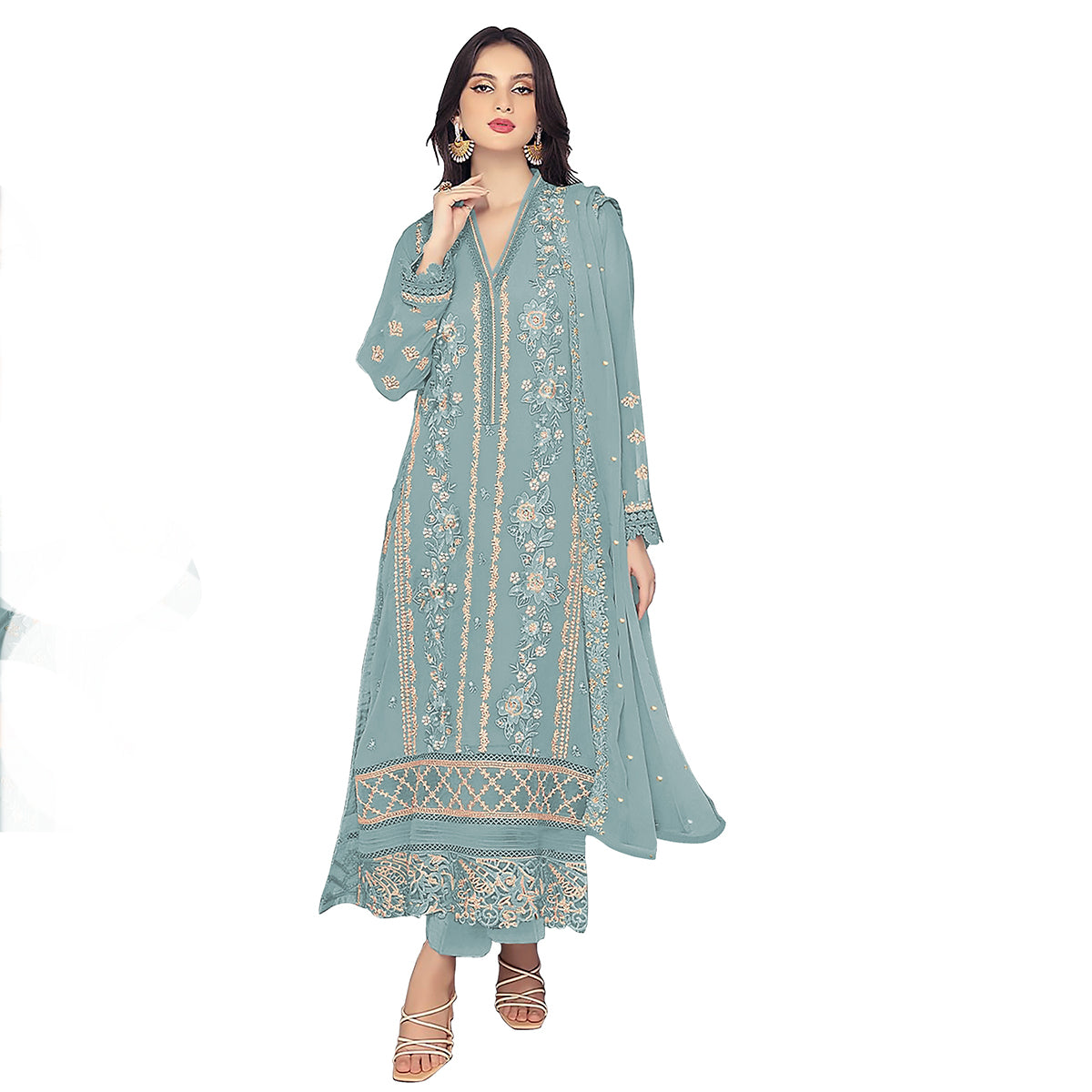 Shafnufab WOMEN'S Georgette Semi-Stiched Pakistani Suit (SF-171939 Light Green Free Size )