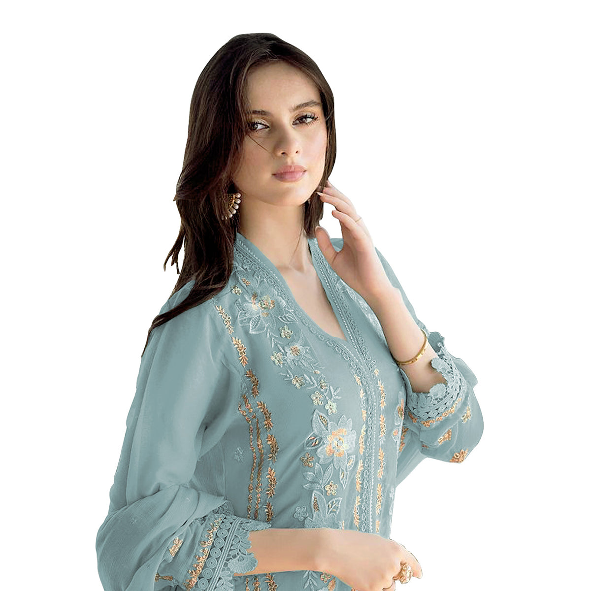 Shafnufab WOMEN'S Georgette Semi-Stiched Pakistani Suit (SF-171939 Light Green Free Size )