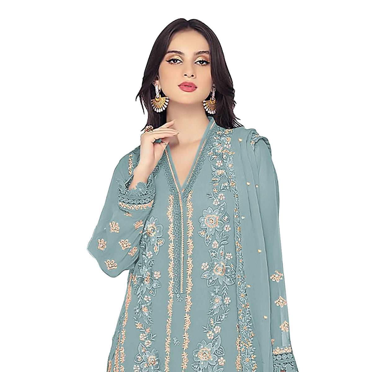Shafnufab WOMEN'S Georgette Semi-Stiched Pakistani Suit (SF-171939 Light Green Free Size )