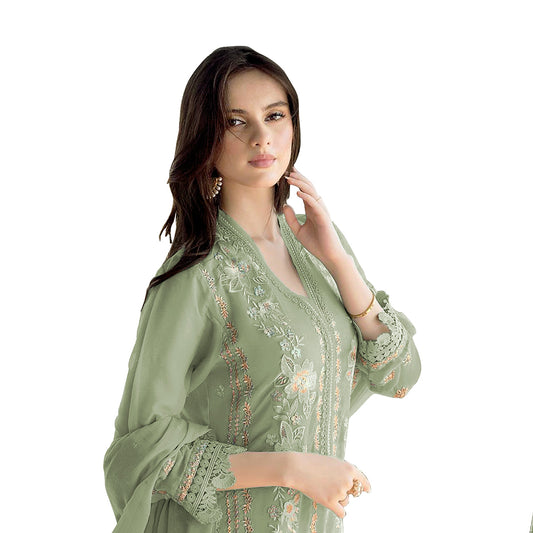 Shafnufab WOMEN'S Georgette Semi-Stiched Pakistani Suit (SF-171939 Light Green Free Size )