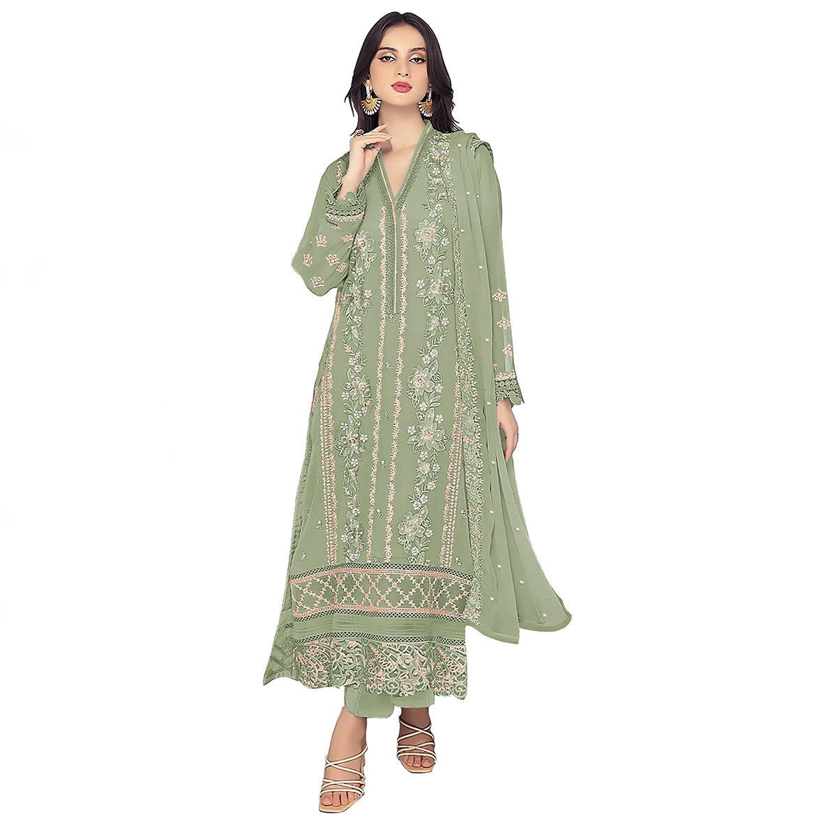 Shafnufab WOMEN'S Georgette Semi-Stiched Pakistani Suit (SF-171939 Light Green Free Size )