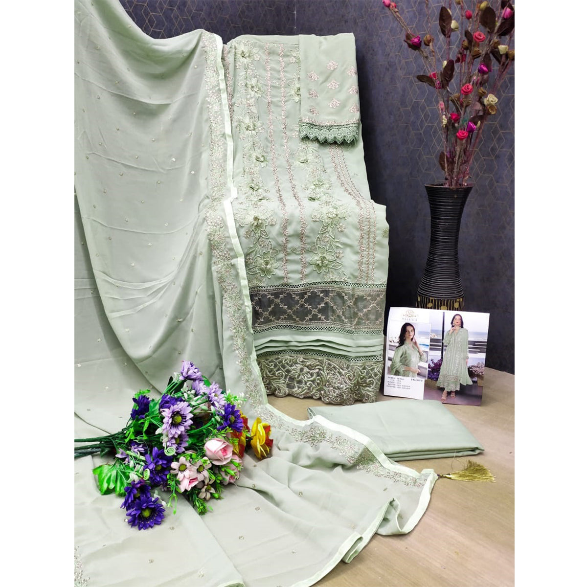 Shafnufab WOMEN'S Georgette Semi-Stiched Pakistani Suit (SF-171939 Light Green Free Size )