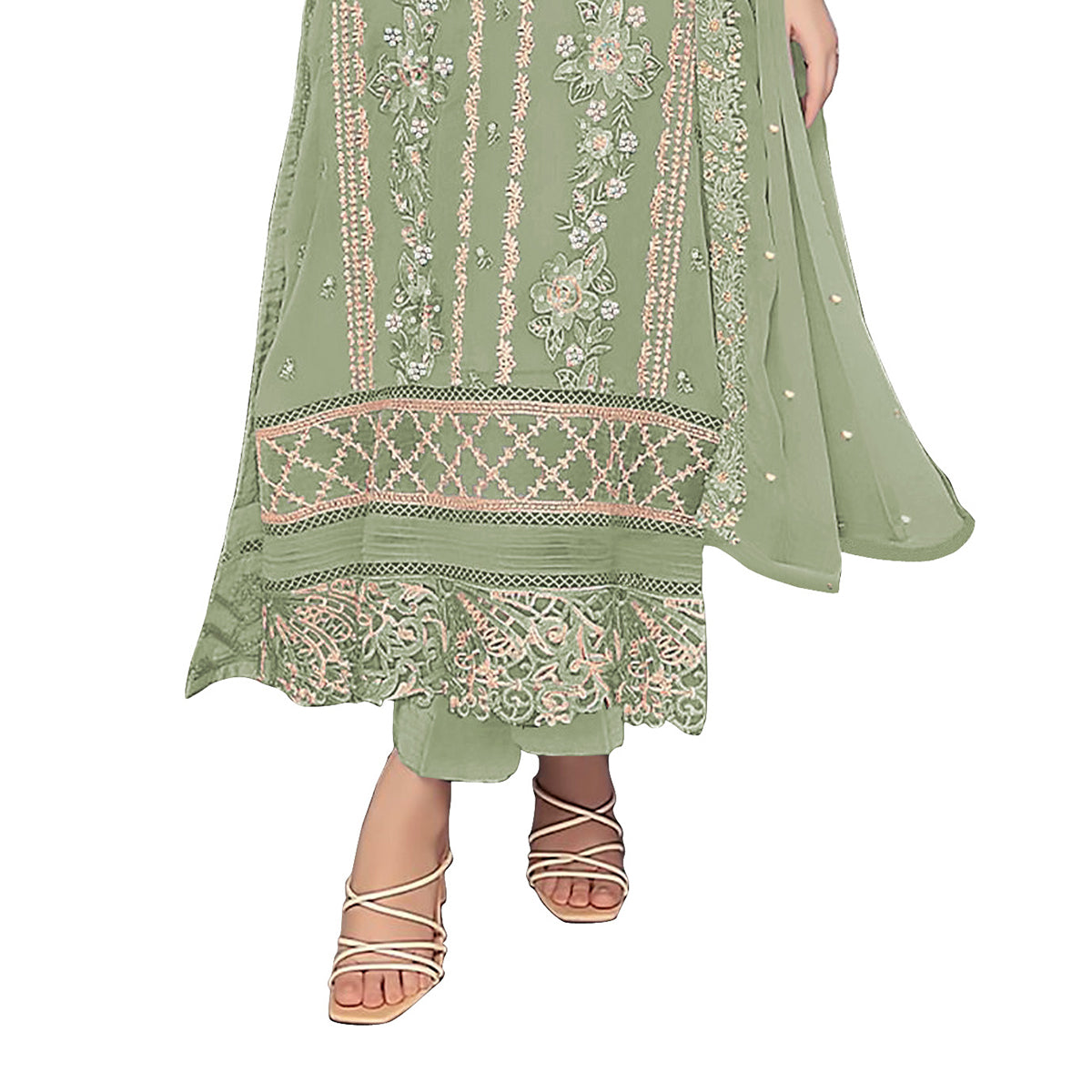 Shafnufab WOMEN'S Georgette Semi-Stiched Pakistani Suit (SF-171939 Light Green Free Size )