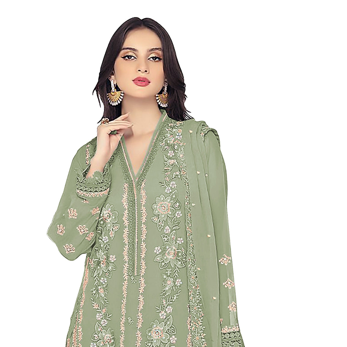 Shafnufab WOMEN'S Georgette Semi-Stiched Pakistani Suit (SF-171939 Light Green Free Size )