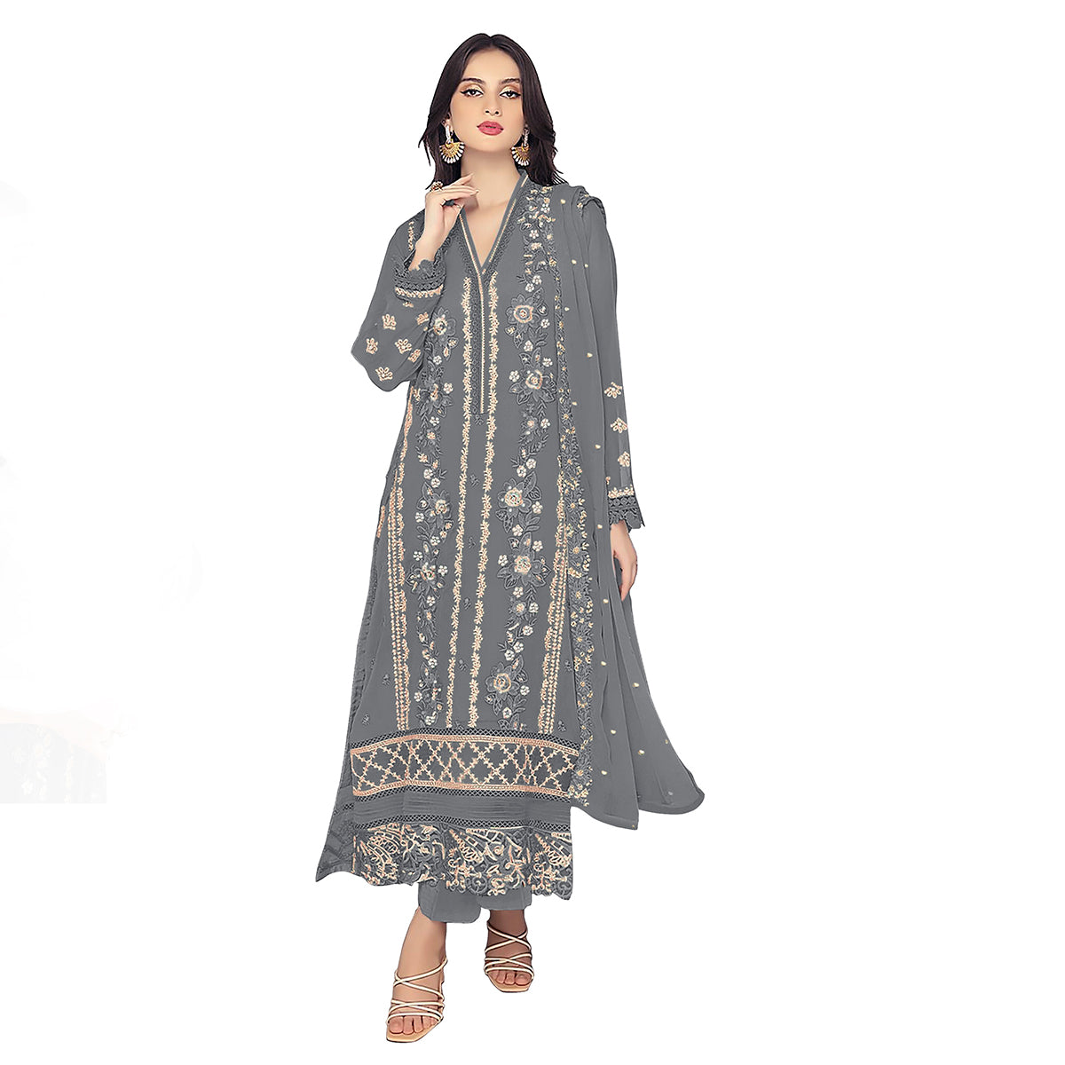 Shafnufab WOMEN'S Georgette Semi-Stiched Pakistani Suit (SF-171939 Light Green Free Size )