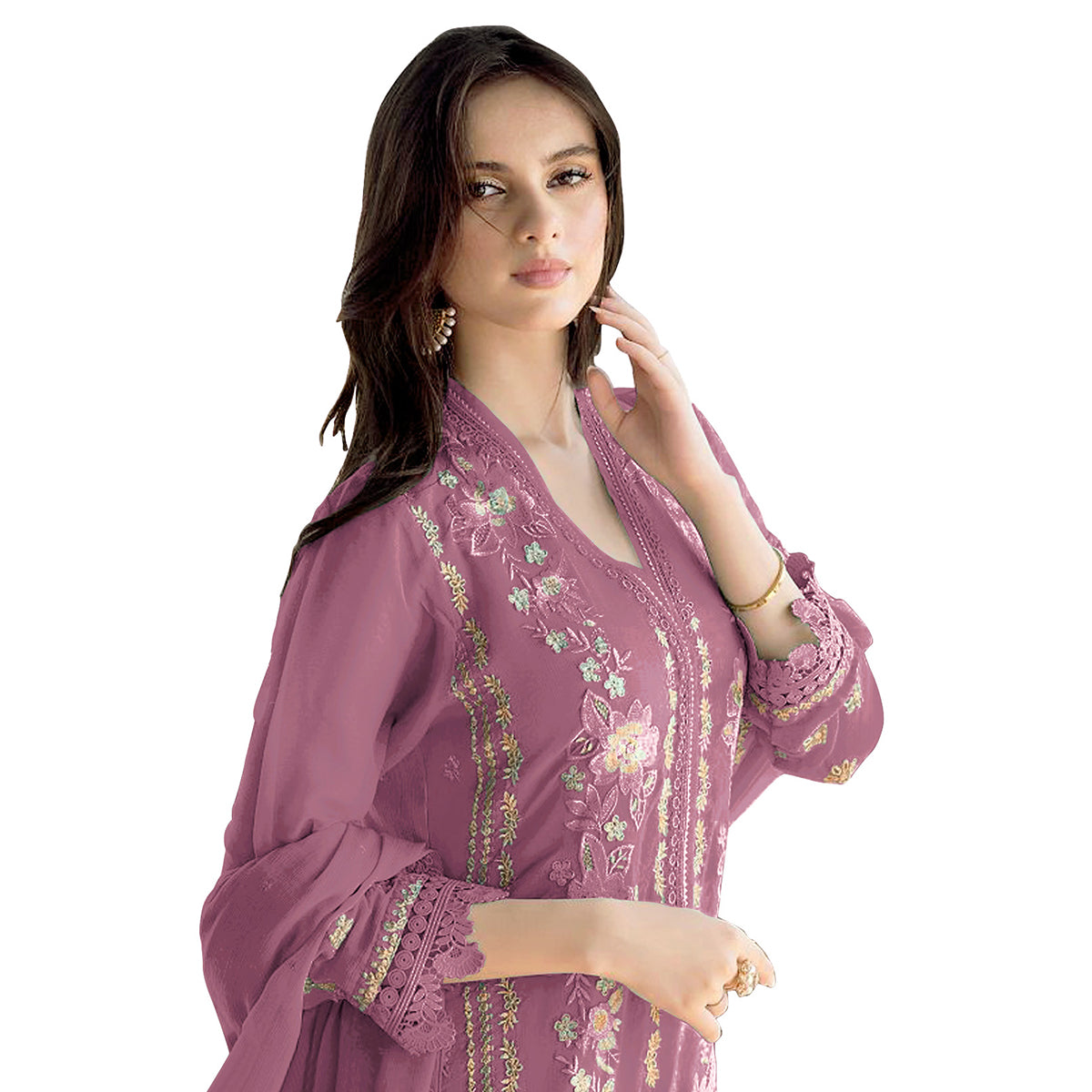 Shafnufab WOMEN'S Georgette Semi-Stiched Pakistani Suit (SF-171939 Light Green Free Size )