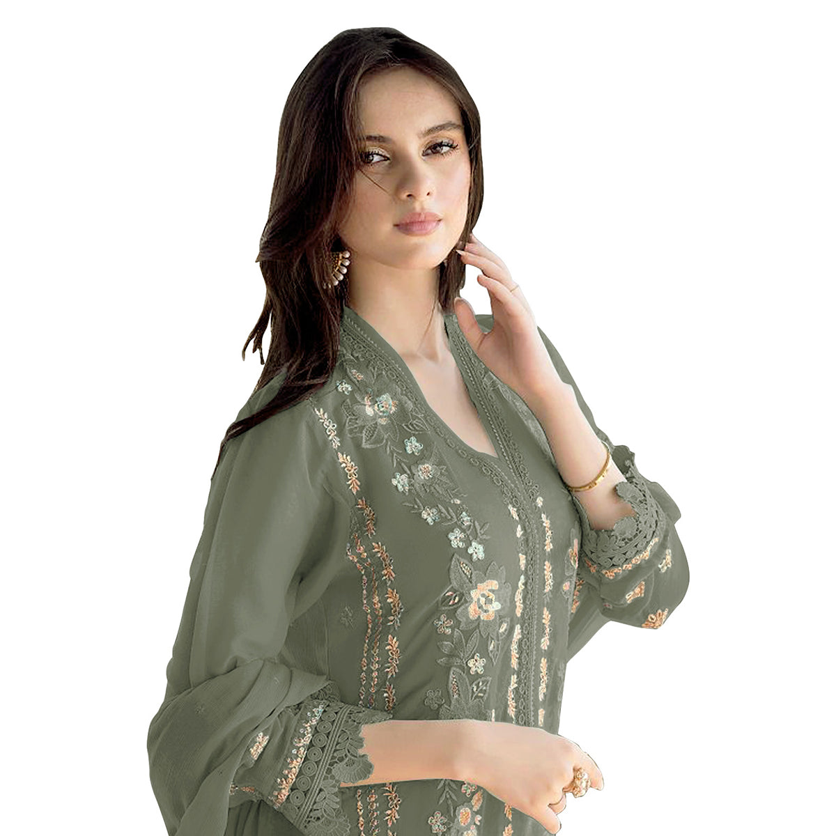 Shafnufab WOMEN'S Georgette Semi-Stiched Pakistani Suit (SF-171939 Light Green Free Size )